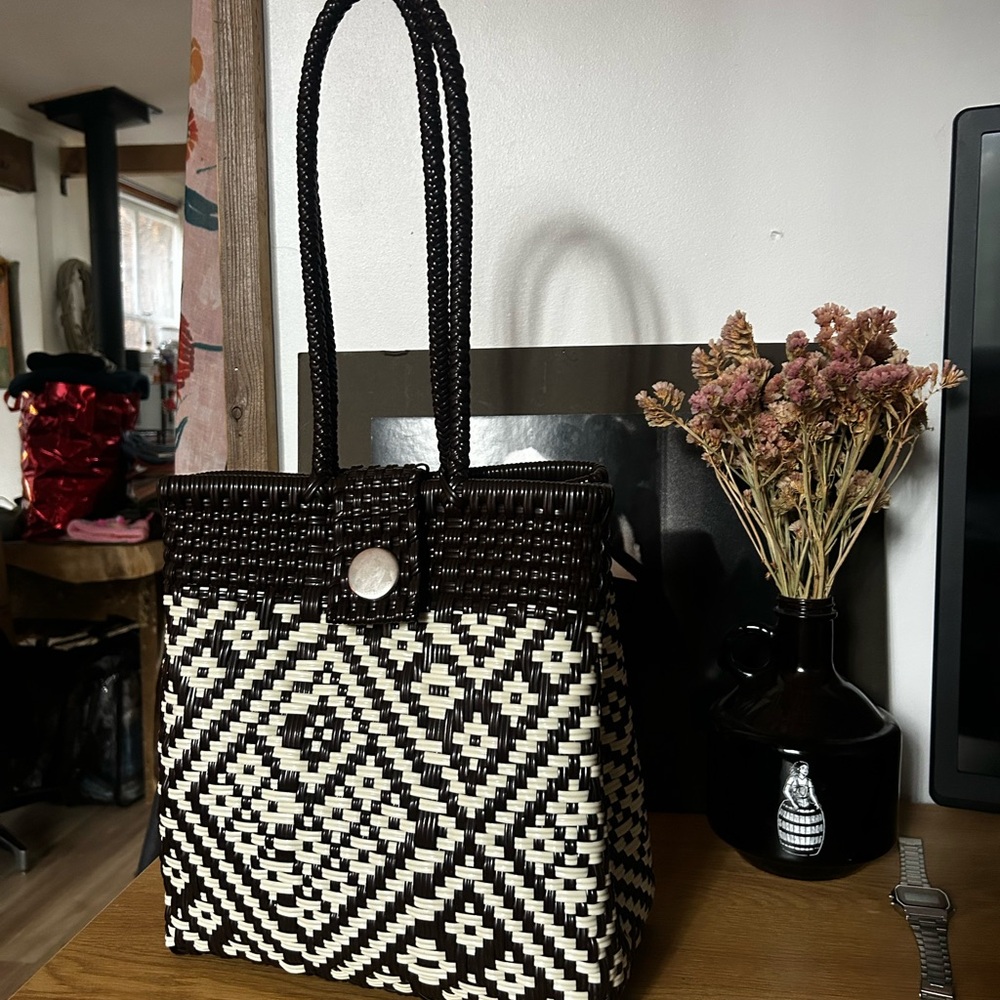 Dark Brown and White Mexican Woven Tote Bag